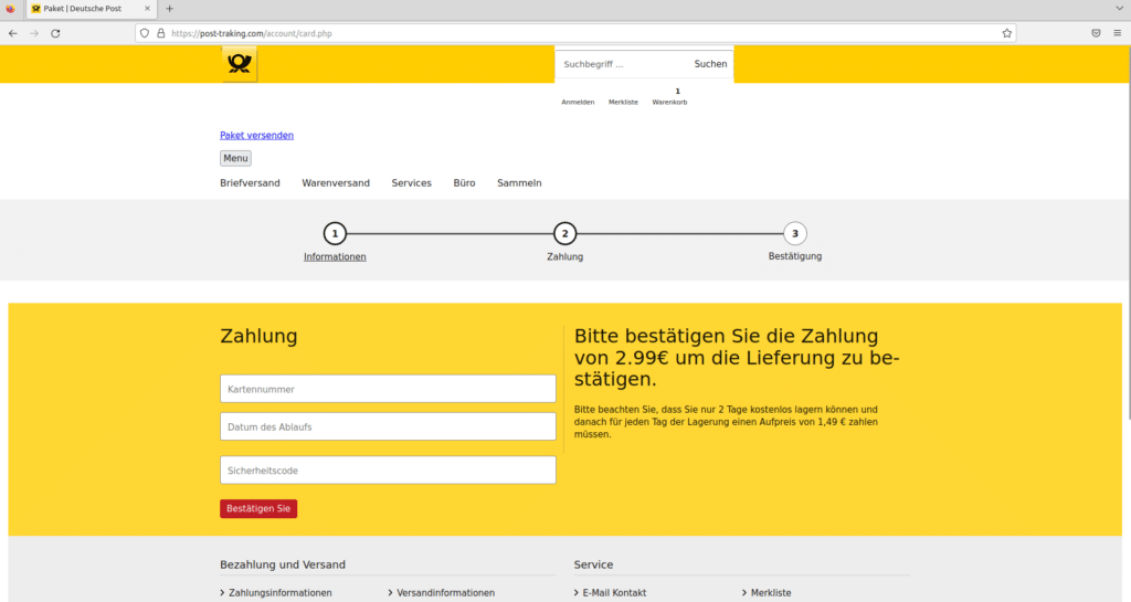 Gefälschte Webseite zwecks Phishing im Aussehen der Deutschen Post