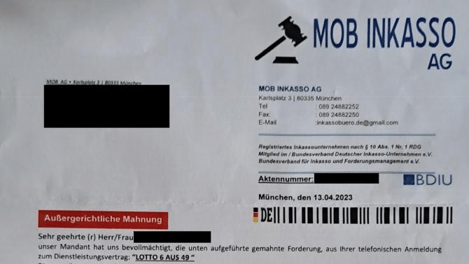 MOB Inkasso AG: Neue Bezeichnung, gleicher Betrug – mimikama.org Schreiben von MOB Inkasso AG / Foto: Verbraucherzentrale MV