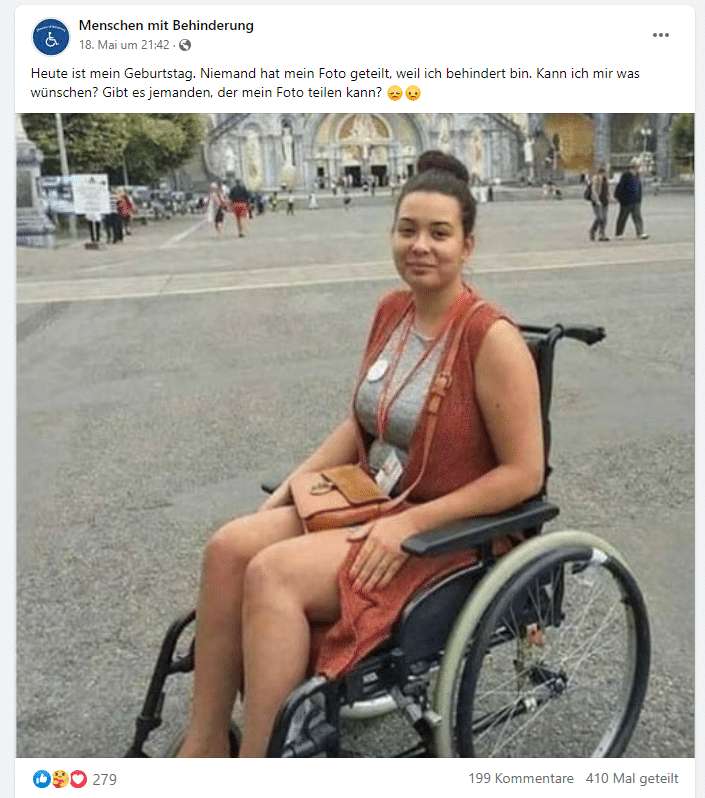 Beispiel eines Fotos kranker und behinderter Menschen auf Facebook