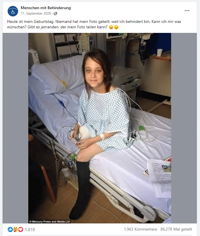 Beispiel eines Fotos kranker und behinderter Menschen auf Facebook