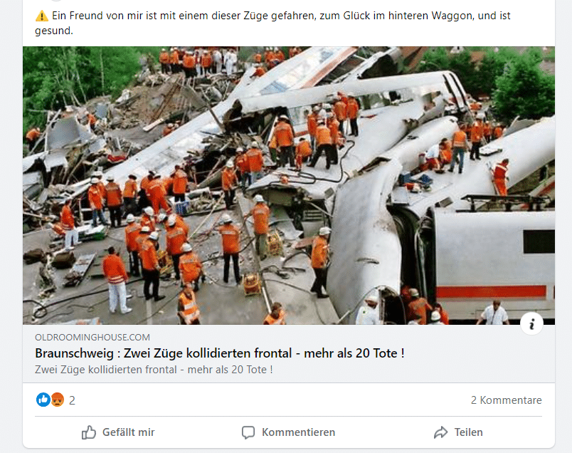 Screenshot: Fake-Zugunglück mit dem Titel: "Zwei Züge kollidierten frontal - mehr als 20 Tote!"