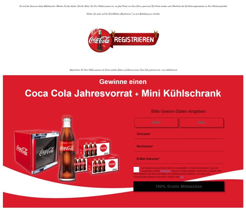 Fake-Seite im Look von Coca Cola