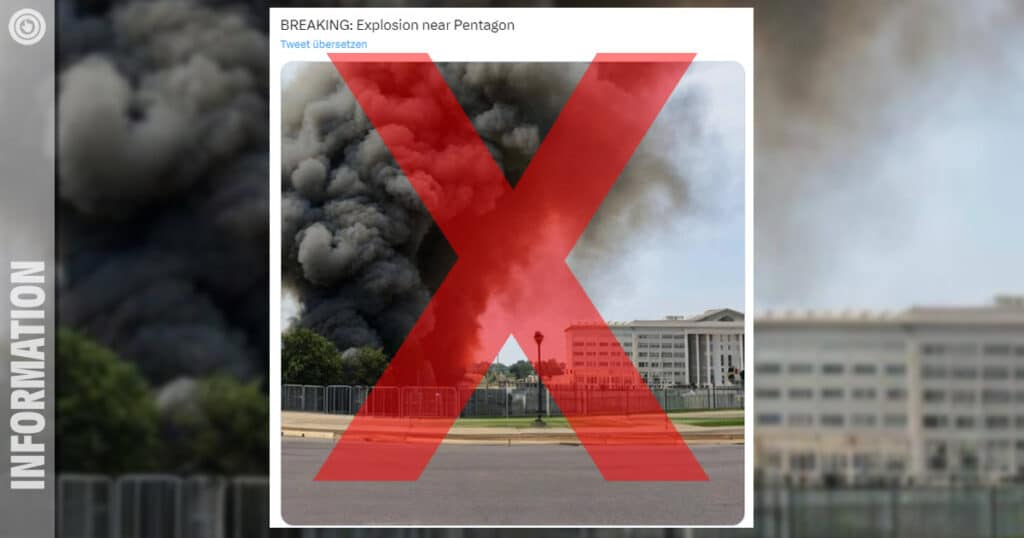 Empörung nach Veröffentlichung eines gefälschten Fotos: Explosion am US-Pentagon als Inszenierung entlarvt / Artikelbild: Screenshot Twitter