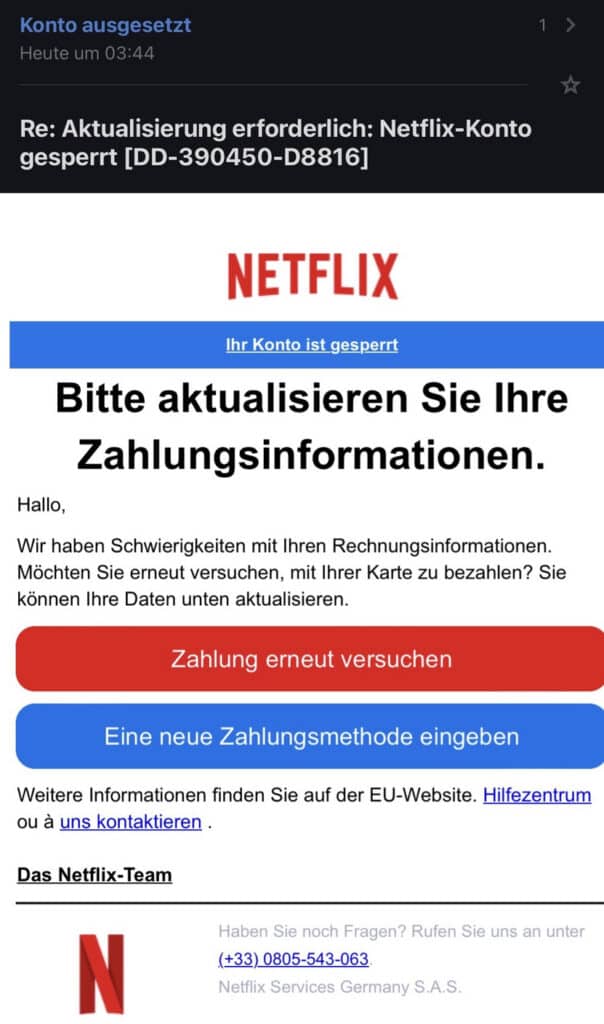 Betrügerische Mail zur Aktualisierung der Zahlungsdaten bei Netflix. Screenshot: Watchlist Internet