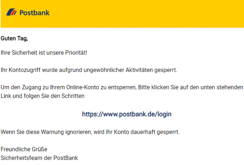 Screenshot der Phishing-Mail: Betrüger nehmen Postbank-Kunden ins Visier