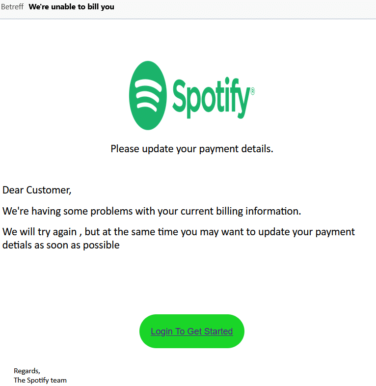 Screenshot der gefälschten E-Mail von „Spotify“