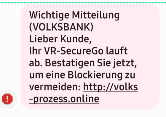 Screenshot der Phishing-SMS bei der sich Betrüger als „Volksbank“ ausgeben.