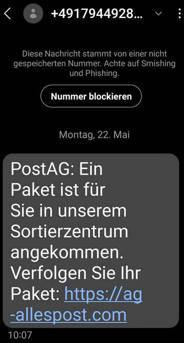 Screenshot: Warnung vor POST Paket-SMS-Betrug