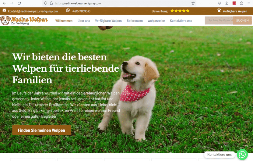 Betrügerischer Tierhandel auf nadinewelpezurverfgung.com. Screenshot: Watchlist Internet