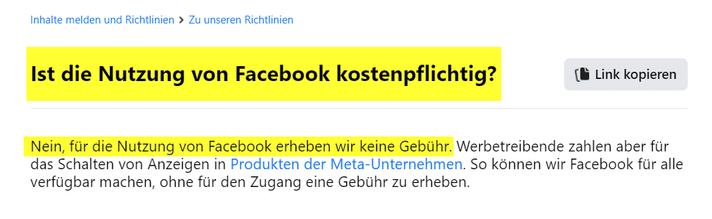 Screenshot-Facebook: Nein, für die Nutzung von Facebook erheben wir keine Gebühr.  "Facebook wird diesen Sommer mit dem Aufladen beginnen"? Alles Quatsch!