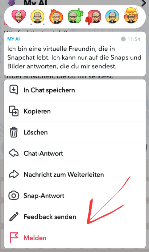 Screenshot: Snapchat / Tippen Sie dazu länger auf die Nachricht und wählen Sie „Melden“.