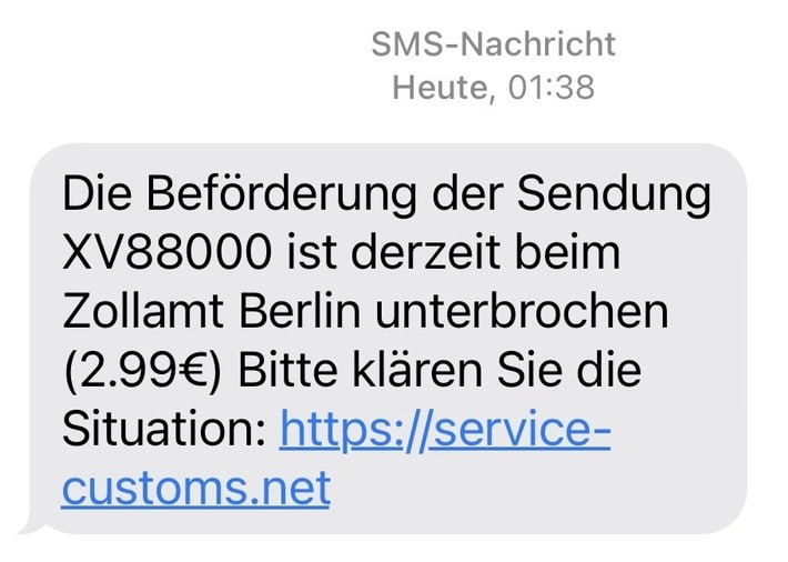 Neue Betrugsmasche: Hauptzollamt Berlin warnt vor Fake
SMS im Namen des Zolls. Screenshot: Hauptzollamt Berlin