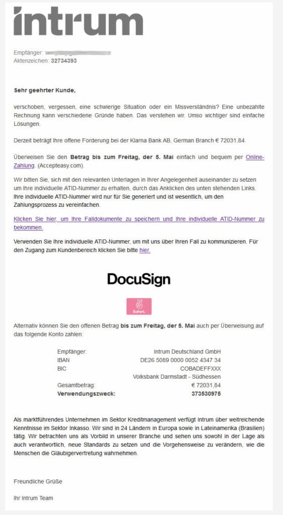 Screenshot der falschen E-Mail der Intrum Deutschland GmbH
