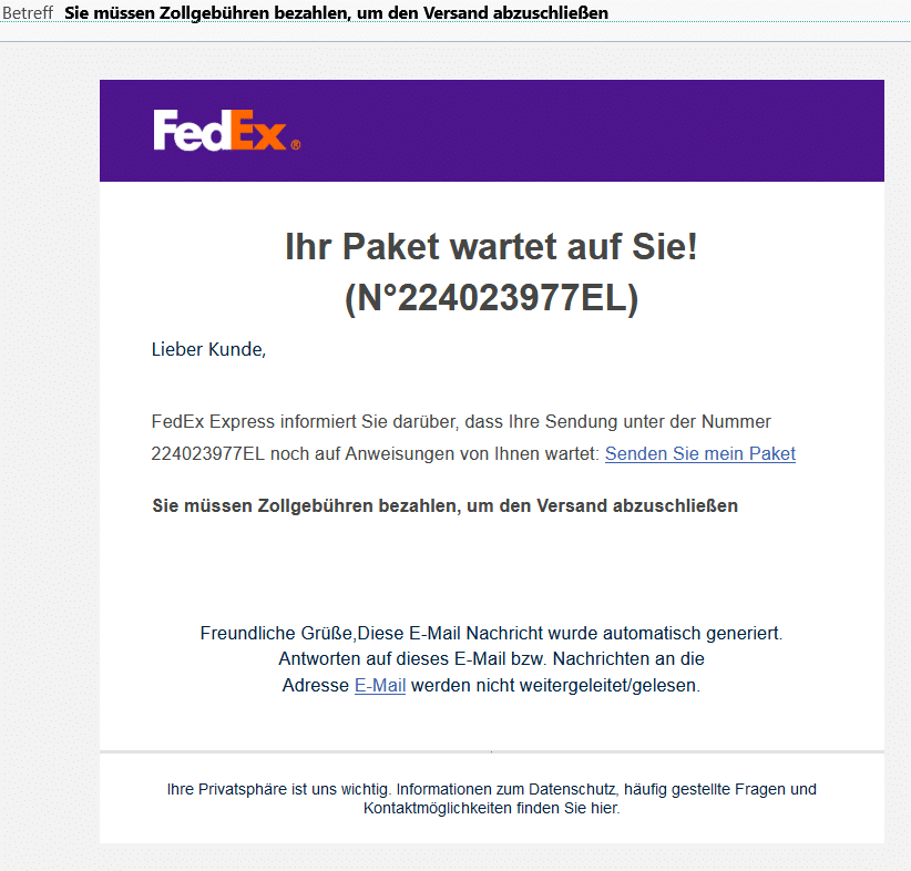 Screenshot der FedEx-_Mail mit zu bezahlenden Zollgebühren