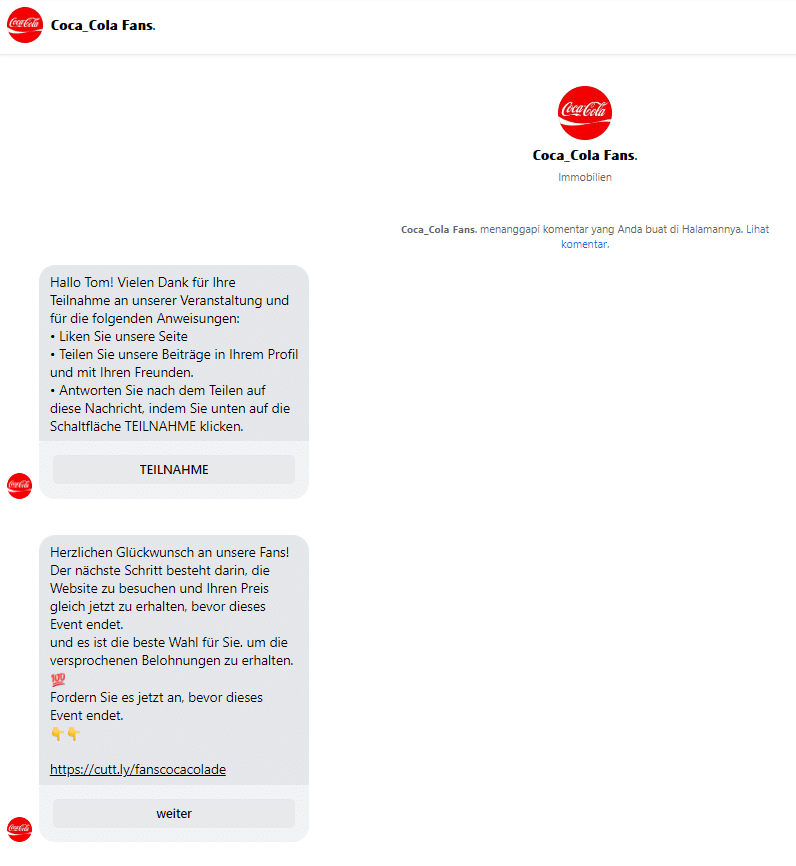 Warning about fake competition: “Coca-Cola fans” on Facebook