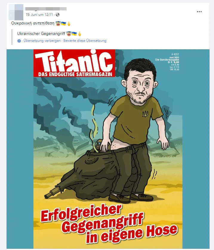 Screenshot Facebook: gefälschtes Titanic-Magazin-Cover mit Präsident Selenskyj "Erfolgreicher Gegenangriff in eigene Hose"