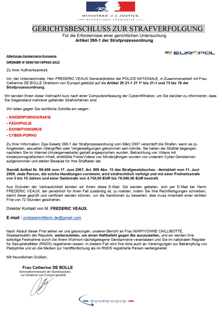 Screenshot einer gefälschten Vorladung von Europol, dem Europäischen Polizeiamt und Interpol 