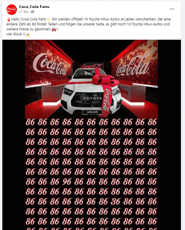 Warnung vor Fake-Gewinnspiel: „Coca-Cola-Fans“ auf Facebook