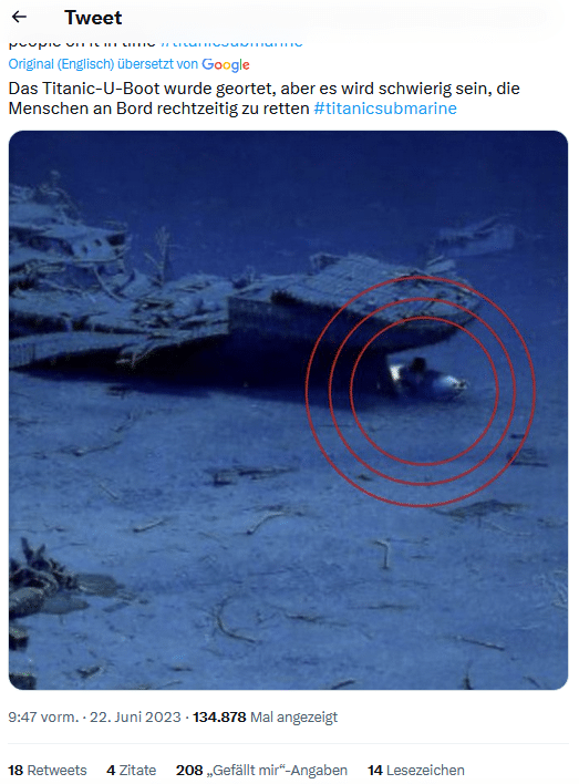 Screenshot Twitter vom 22.6.2023 / Das ist nicht das Titan-U-Boot bei der Titanic