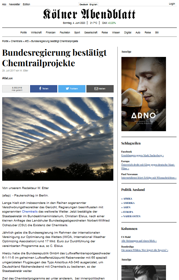 „Kölner Abendblatt“ mit der Schlagzeile „Bundesregierung bestätigt Chemtrailprojekte“
