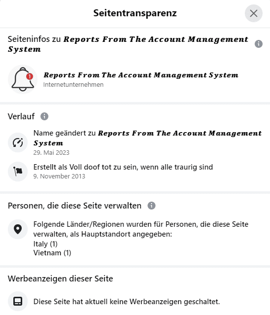 Screenshot Seitentransparenz / Facebook-Seite "Reports From The Account Management System"