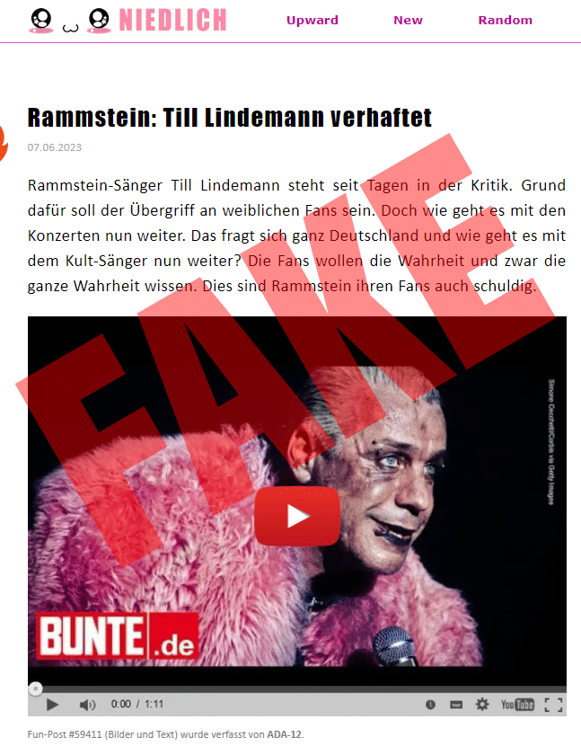 Screenshot "Niedlich.TV" mit dem Titel: Rammstein: Till Lindemann verhaftet