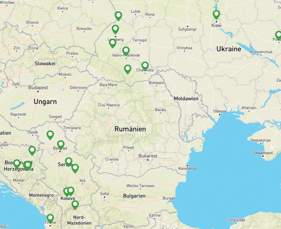 Screenshot: Landkarte der internationalen Projekte von Schüler helfen Leben
