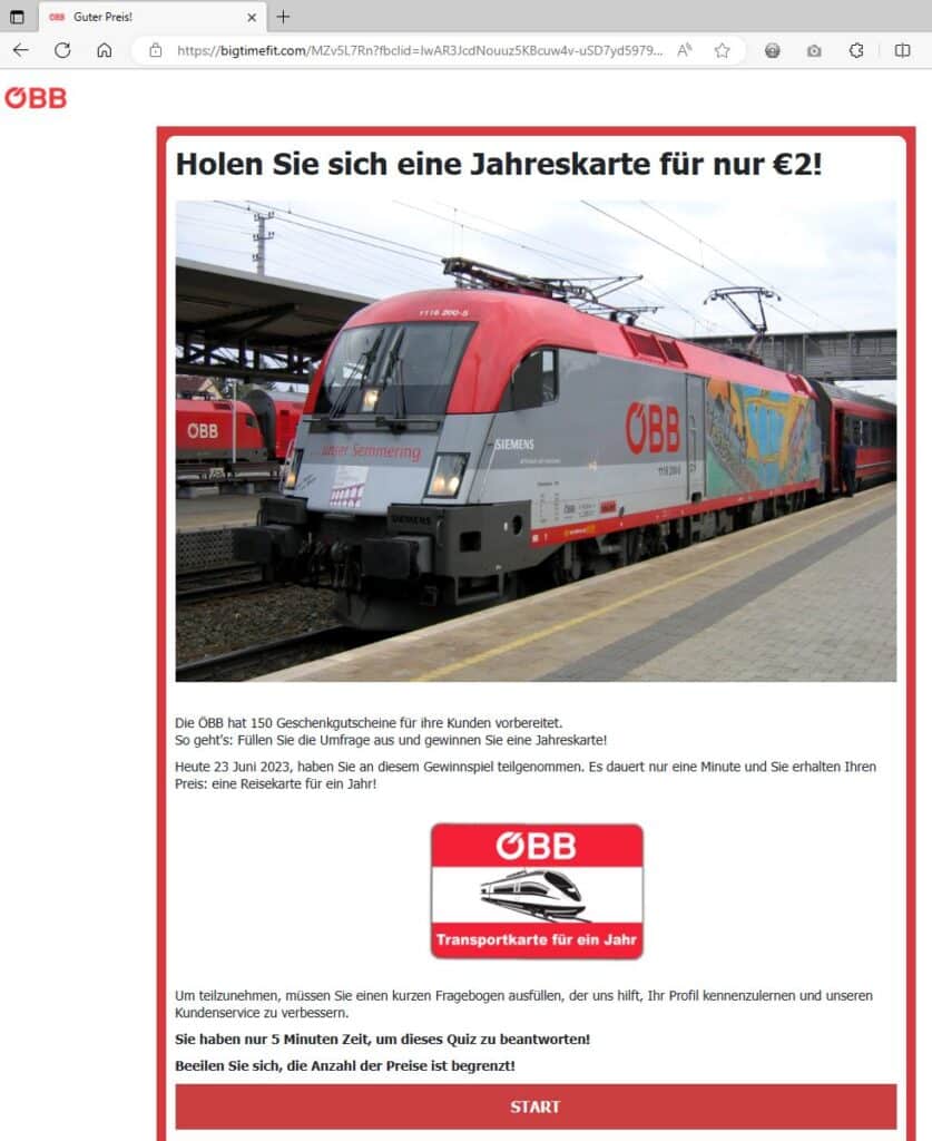 Screenshot of fake ÖBB page