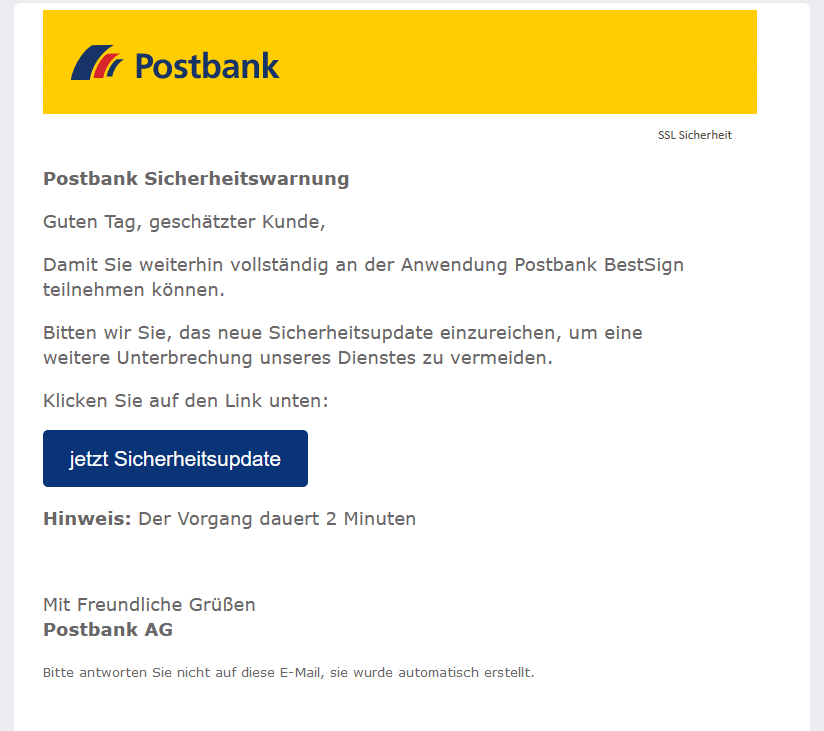 Screenshot: Phishing-Mail Postbank