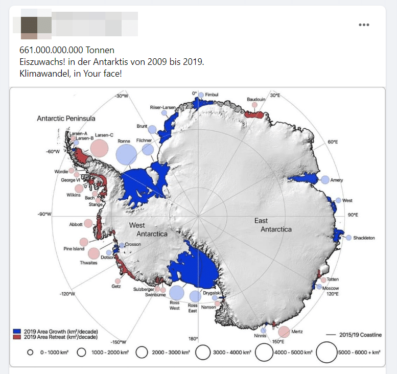Screenshot: Facebook  / Antarktis-Karte der Schelfeisflächenveränderung von 2009 bis 2019, mit Schelfeisnamen, die über eine Bedmap2-Oberfläche der Antarktis gelegt werden. Die kreisförmigen Flächen zeigen den Gesamtumfang der verlorenen (rot) oder gewonnenen (blau) Schelfeisfläche (in km2) an. Die fette schwarze Linie stellt die antarktische Küstenlinie dar, die Daten von 2015 und 2019 kombiniert.