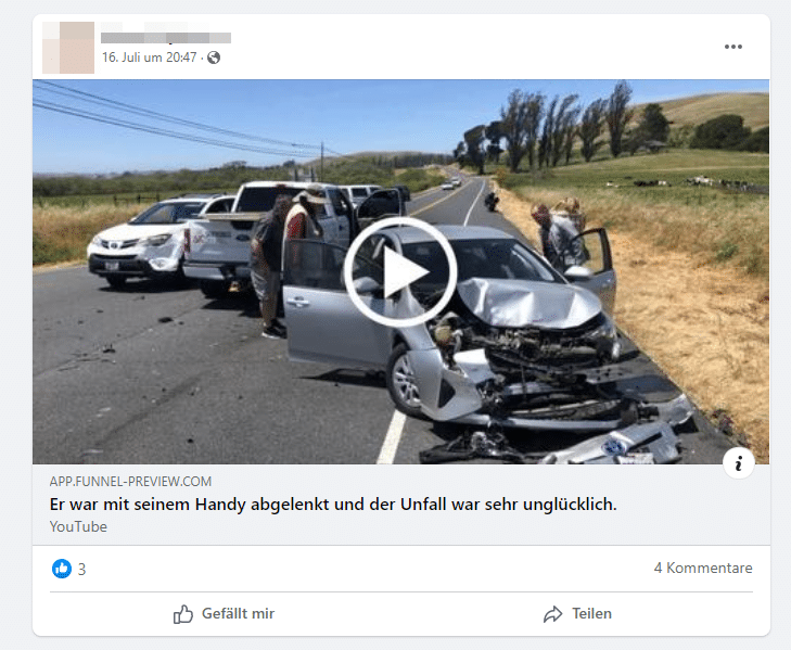 Screenshot: Facebook-Statusbeitrag mit "Er war mit seinem Handy abgelenkt und der Unfall war sehr unglücklich"
