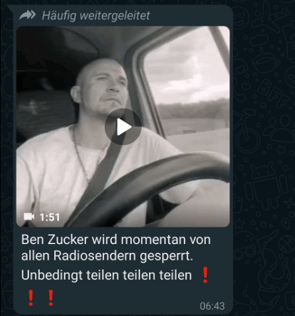 Screenshot: WhatsApp mit "Ben Zucker wird momentan von allen Radiosendern gesperrt"