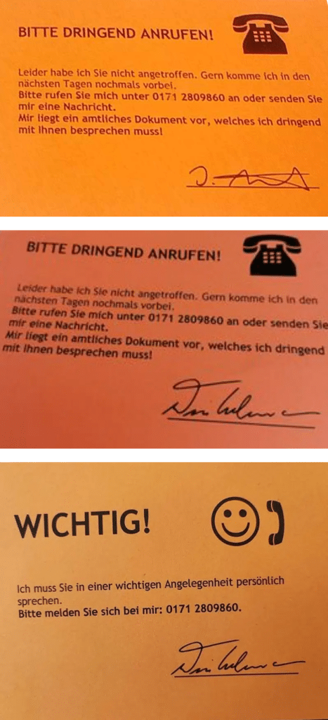 Screenshot der orangen Karten mit „Bitte dringend Anrufen! Leider habe ich sie nicht angetroffen.“ 