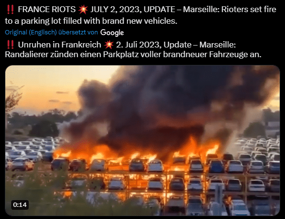 Unruhen in Frankreich! Video eines brennenden Parkplatzes entstand vor den Unruhen in Frankreich