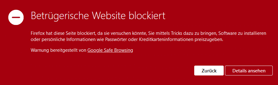 Screenshot Warnung Firefox / Betrügerische Website