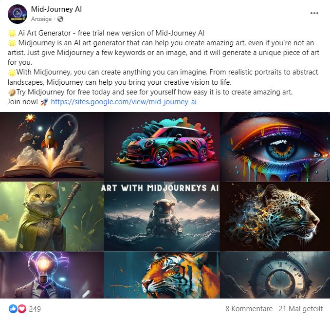 Screenshot Facebook Werbeanzeige / "Mid-Journey AI"