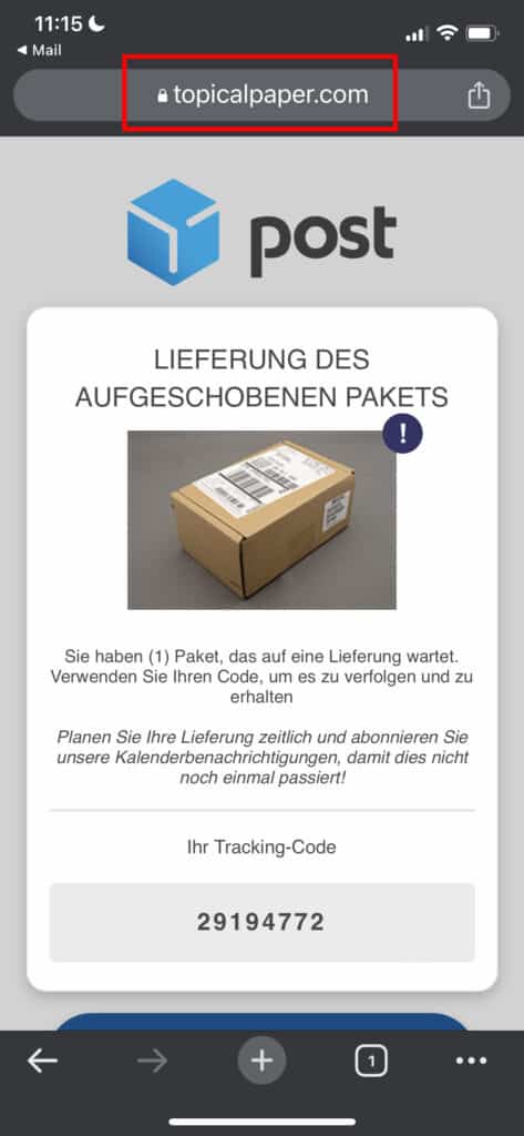 Screenshot gefälschte Internetseite zu angeblicher Paketlieferung