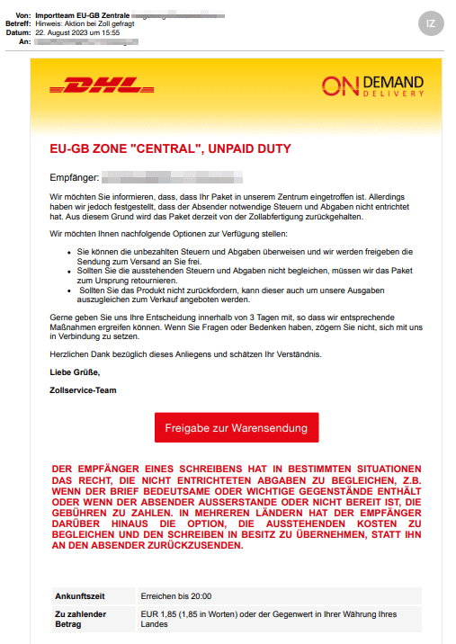 Screenshot Phishing-Mail im Namen von DHL