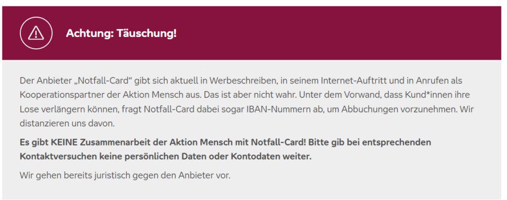 Screenshot of the warning on the “Aktion Mensch” website