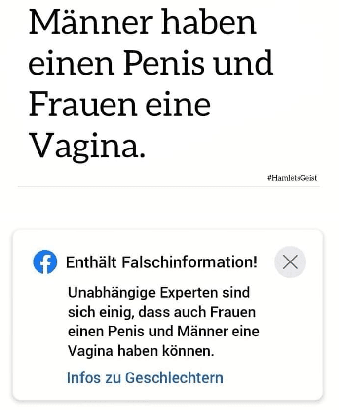 Screenshot mit: "Männer haben einen Penis und Frauen eine Vagina. Enthält Falschinformationen..."