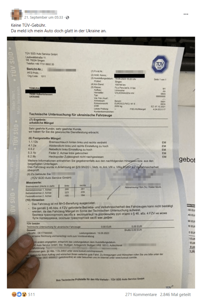 Kostenlose TÜV-Untersuchung für ukrainische Autos? – mimikama.org Screenshot Facebook-Beitrag mit angehängtem Prüfbericht