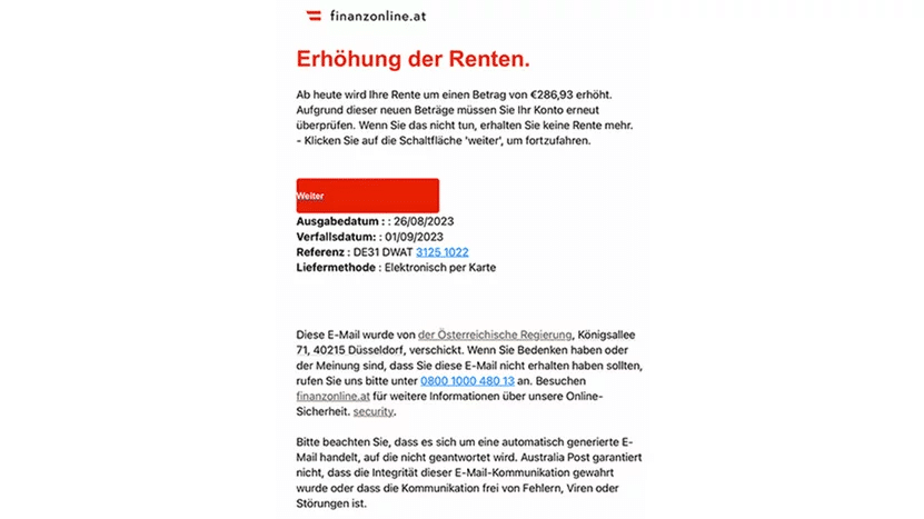 Achtung vor Phishing-Mails im Namen von ÖGK und FinanzOnline – mimikama.org Screenshot: Betrügerische E-Mail über eine Rentenerhöhung / Watchlist Internet