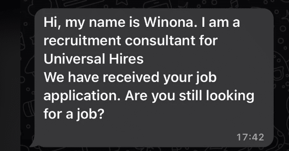 Screenshot WhatsApp-Nachricht mit vermeintlichem Jobangebot / Reddit