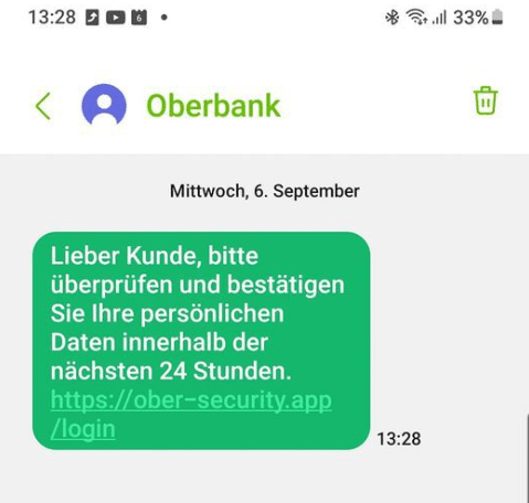 Screenshot gefälschte Oberbank SMS