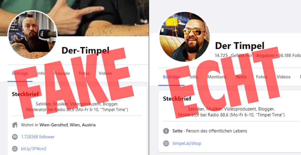 Screenshot Facebook / Der Timpel: Fake-Profil und echtes Profil