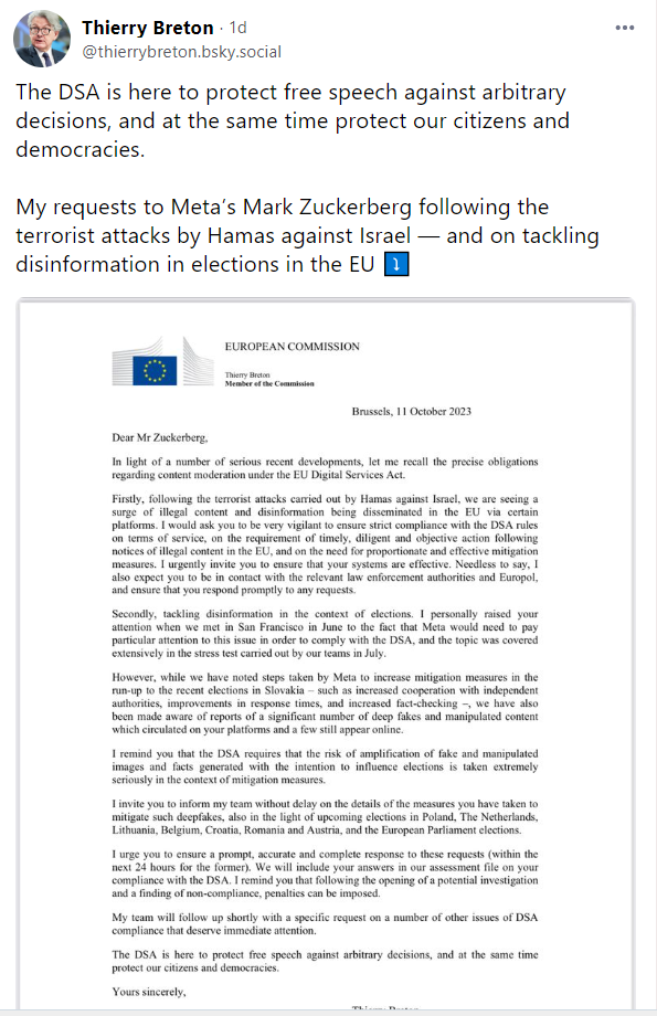 Manipulierte Inhalte: EU-Kommissar Breton konfrontiert Facebook. Screenshot: Mimikama