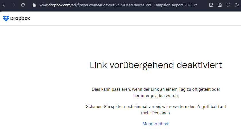 Dropbox-Fehlermeldung zum betrügerischen ZIP-Dateien-Download
