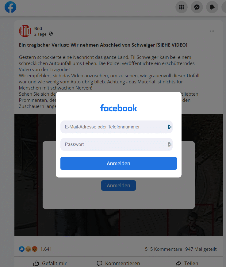Gefälschte Facebook-Login-Aufforderung. Screenshot: Mimikama