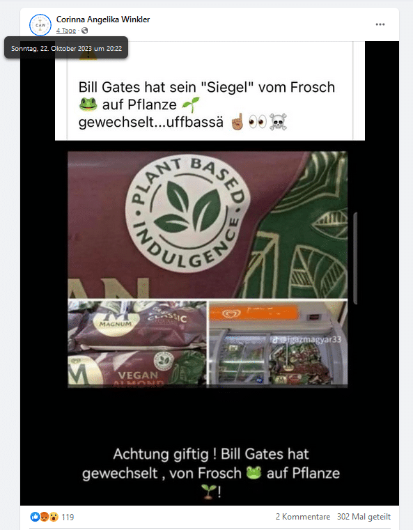 Screenshot eines Facebook-Postings bezüglich Bill Gates und Rainforest Alliance Siegel