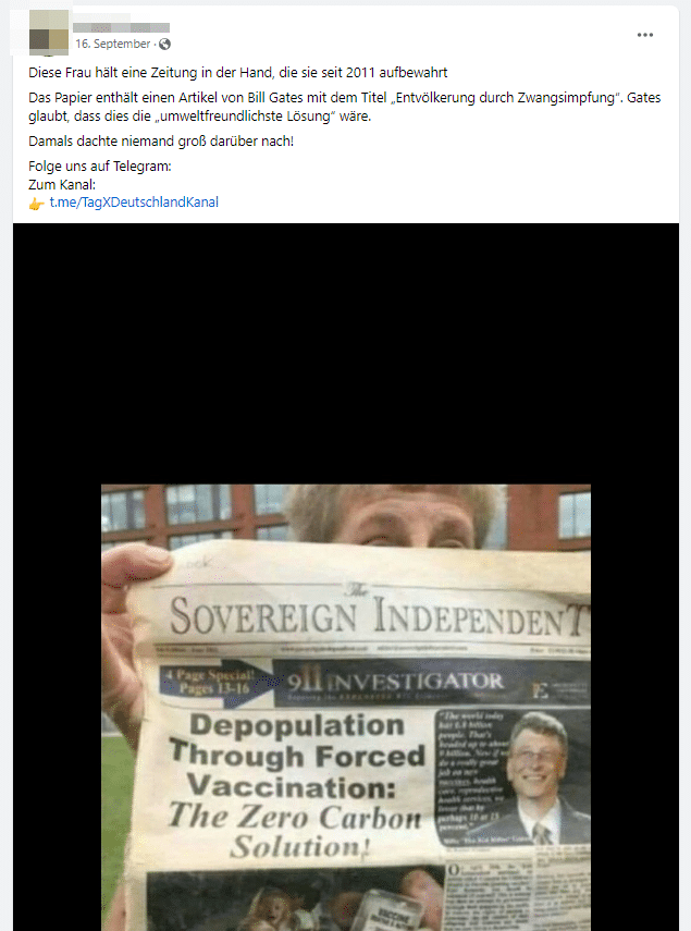 Screenshot Facebook "Sovereign Independent" / Bill Gates